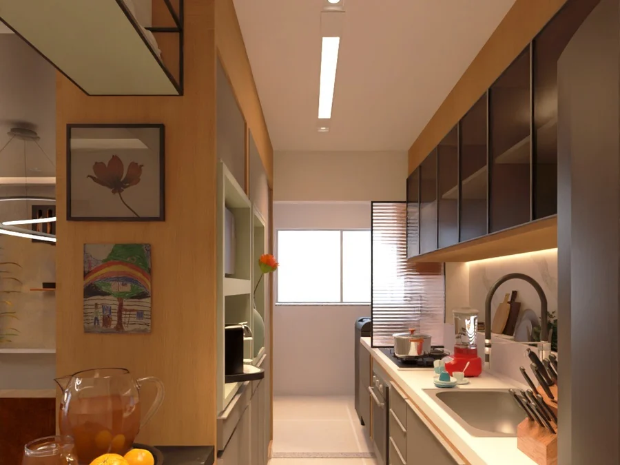 Cozinha integrada com armários escuros, bancada e passagem para a sala.