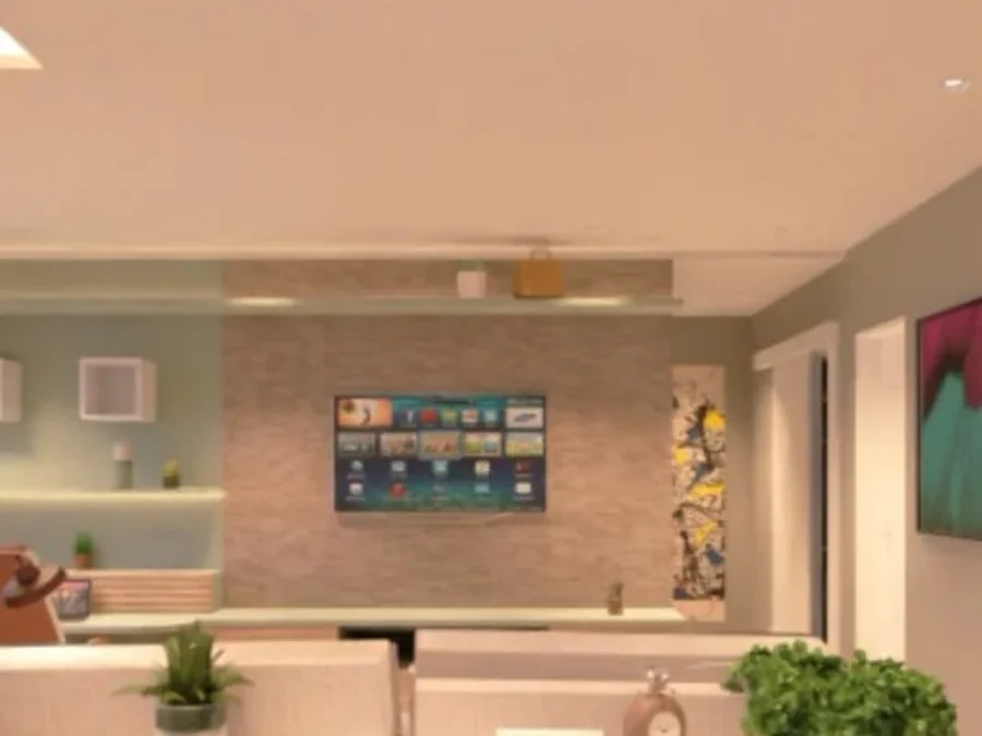 Sala de estar com painel de TV, quadros e marcenaria clara.