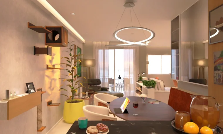 Cozinha integrada à sala de jantar no Apartamento Báltico 202.