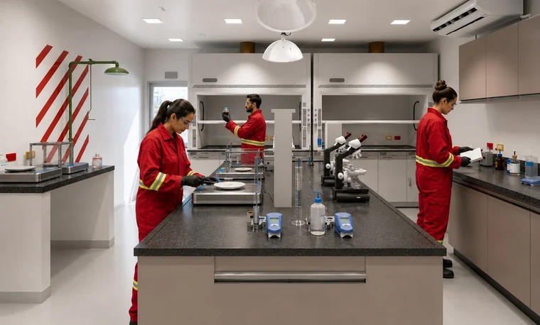 Laboratório HPS com bancadas de granito preto, capelas de exaustão e equipe em operação.