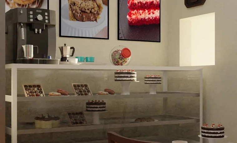 Loja da Lins Brigadeiro com mostruário de doces e banco de espera.