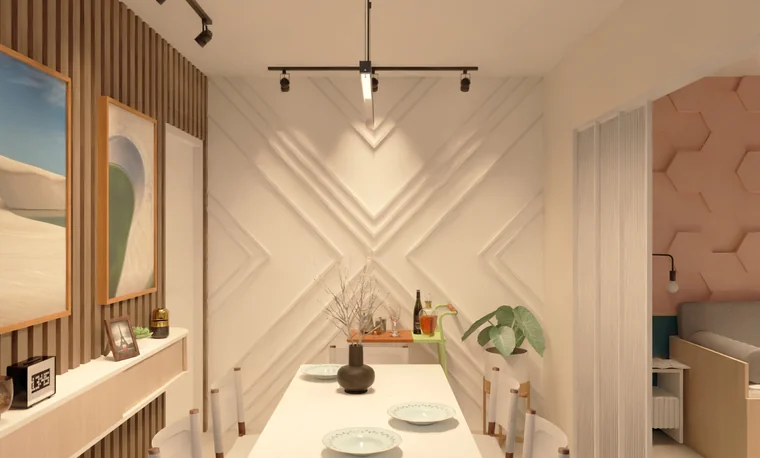 Sala de jantar do Apartamento PR, com painel geométrico em relevo e mesa clara.