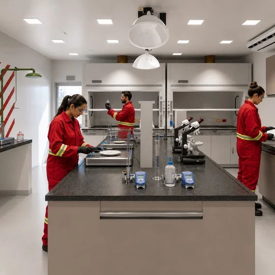 Laboratório WP da Halliburton, com bancadas e armários técnicos.