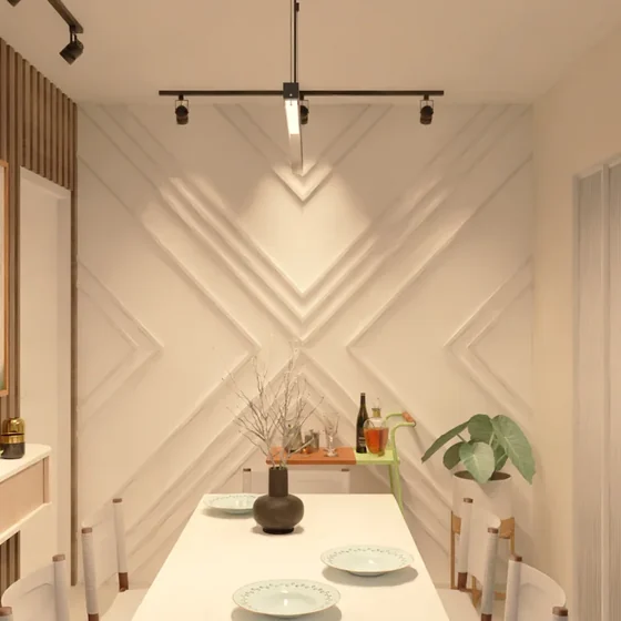 Sala de jantar do Apartamento PR, com painel geométrico em relevo.