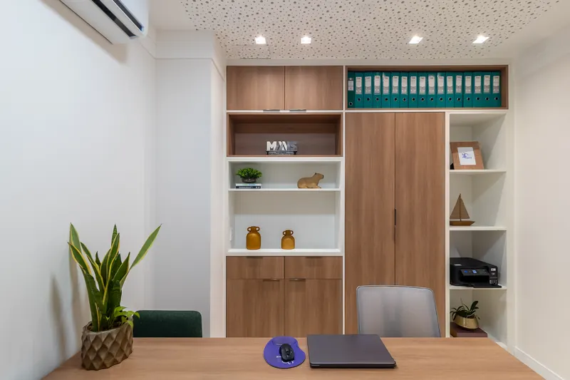 Sala administrativa com estante de madeira e nichos brancos, mesa de trabalho e vaso de espada-de-são-jorge.