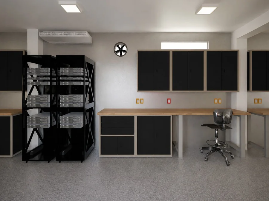 Render do laboratório com bancada corrida em madeira, armários escuros e rack de material.