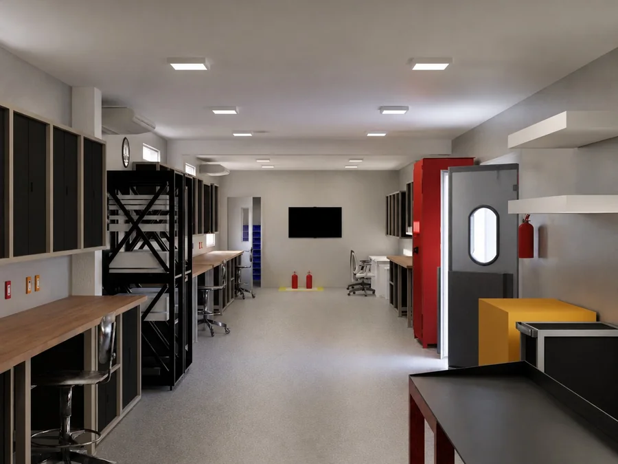 Render da circulação central do laboratório, com bancadas dos dois lados e porta técnica ao fundo.