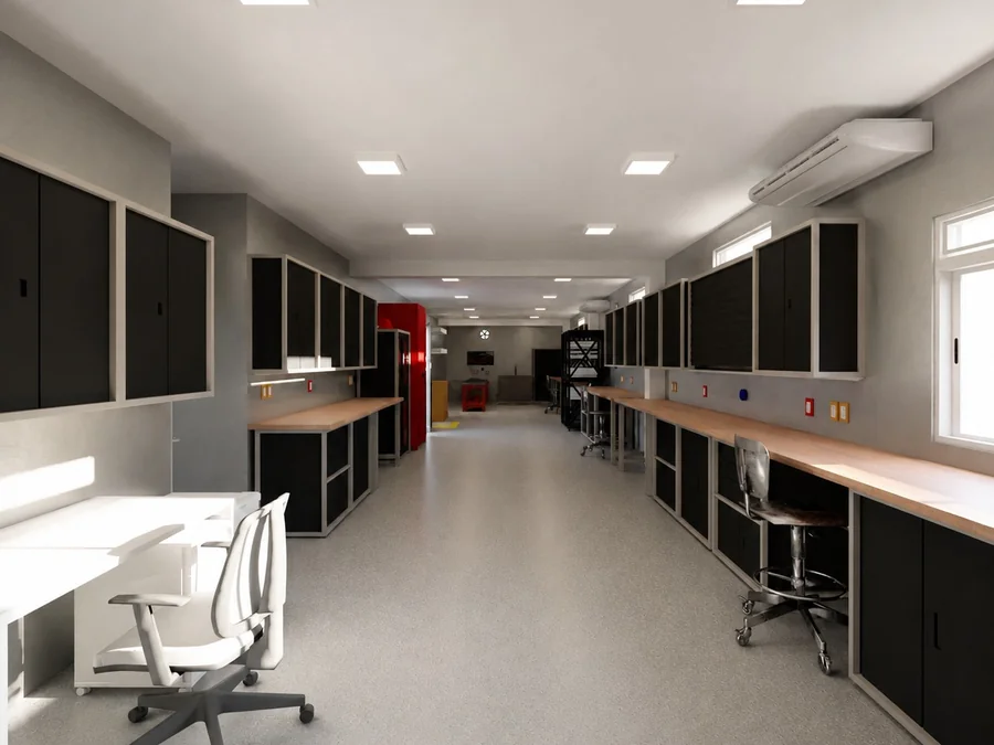 Render do posto de trabalho, com bancada, cadeira e armários superiores.