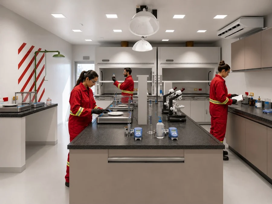 Bancada central do laboratório com equipe trabalhando, chuveiro de emergência e armários técnicos.