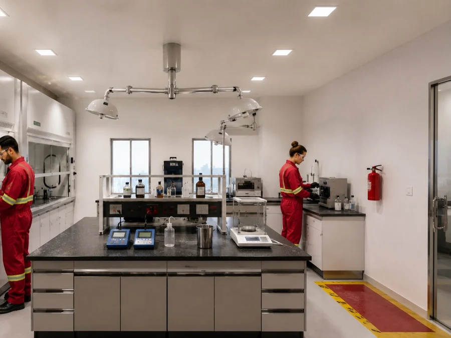 Vista geral do laboratório, com bancada de granito preto, iluminação técnica e capela ao fundo.