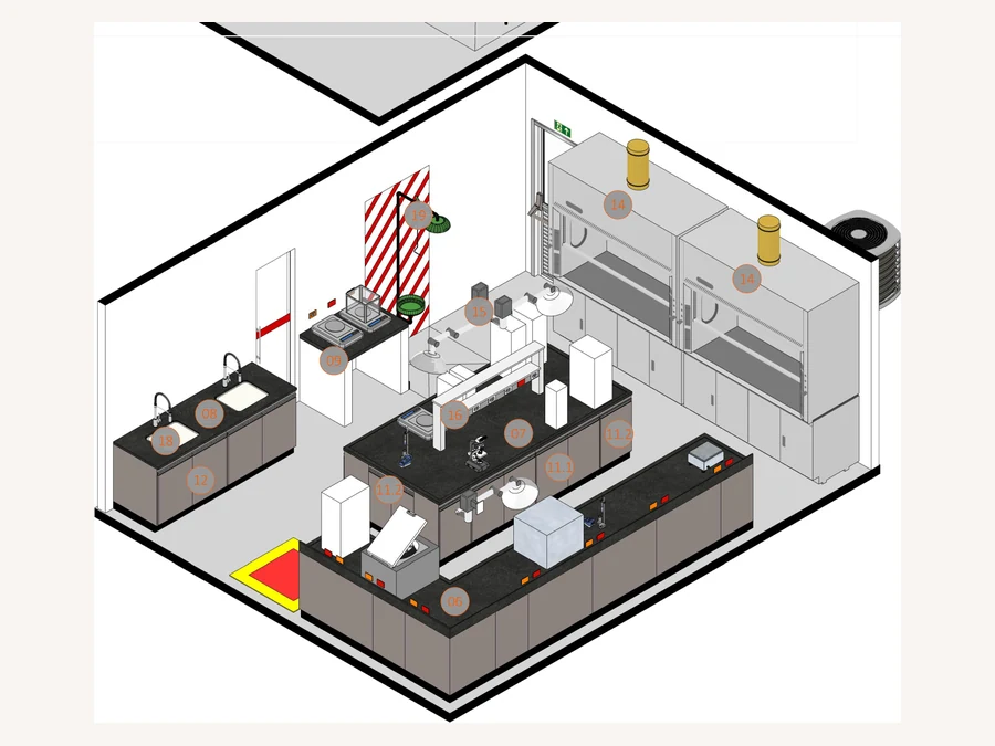 Perspectiva isométrica do laboratório pelo outro lado, com a capela de exaustão e o depósito.