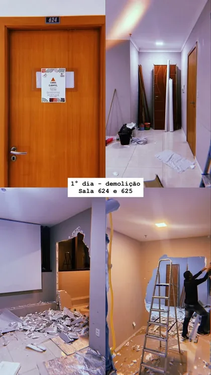 Paredes sendo demolidas nas salas 624 e 625.