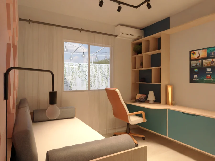 Sala de estar com sofá, marcenaria de nichos e painel de quadros.