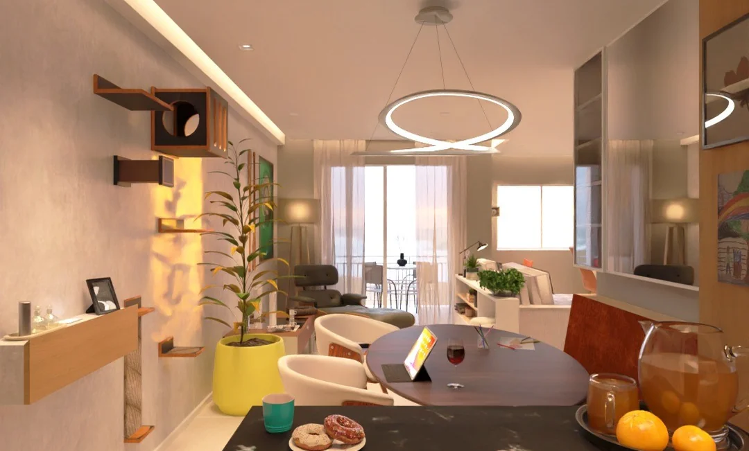 Cozinha integrada à sala de jantar e ao estar, com bancada escura, pendente circular e vista para a varanda.