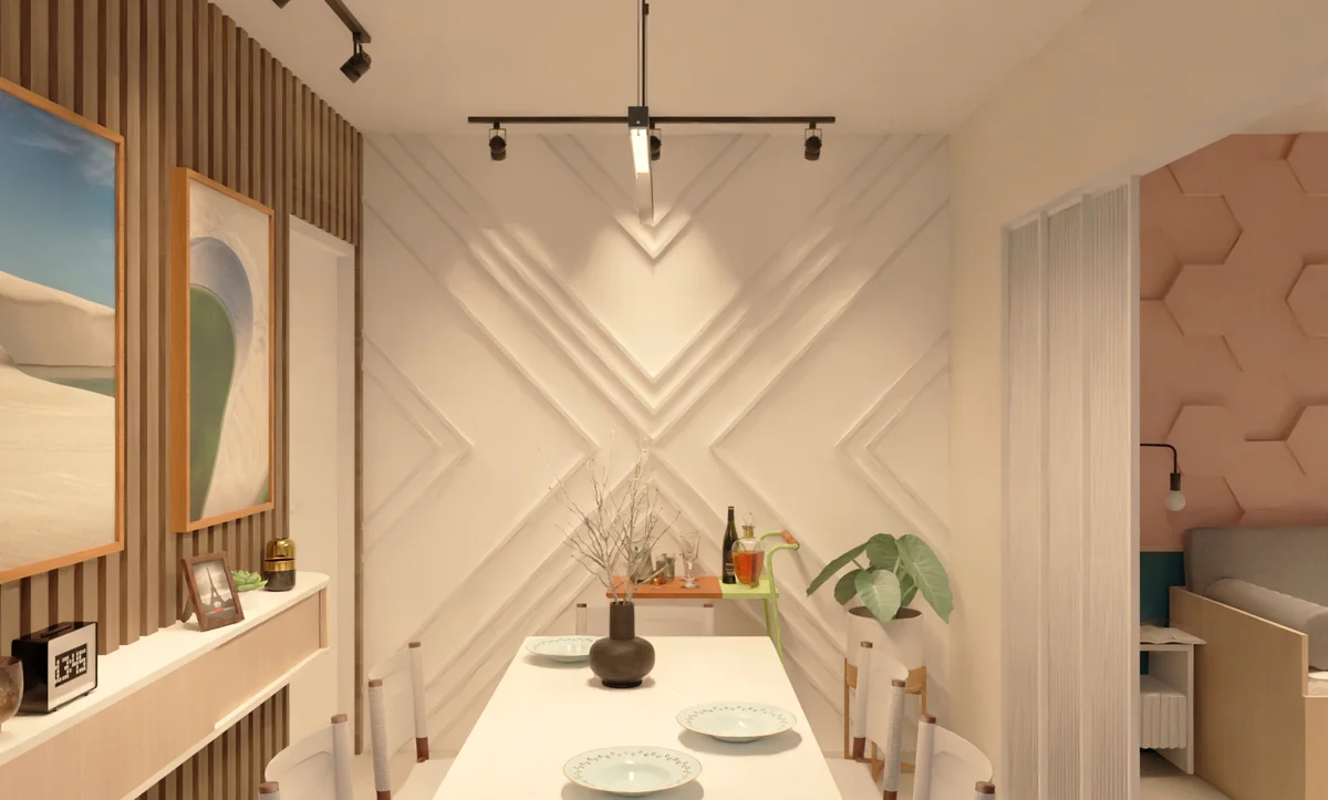Sala de jantar com painel geométrico em relevo, mesa clara e marcenaria ripada.
